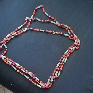 2 Necklaces 1 Long 1 Short-Strand Pink & Orange Beaded Necklace with Silver